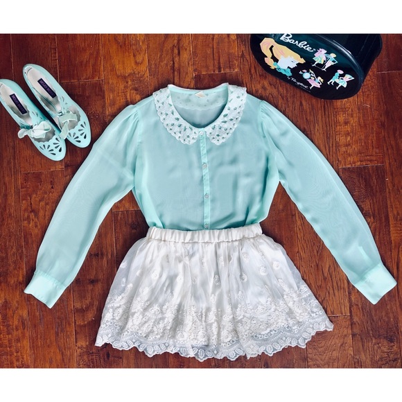Seafoam mint teal sheer blouse with Sequin Collar - Picture 3 of 6